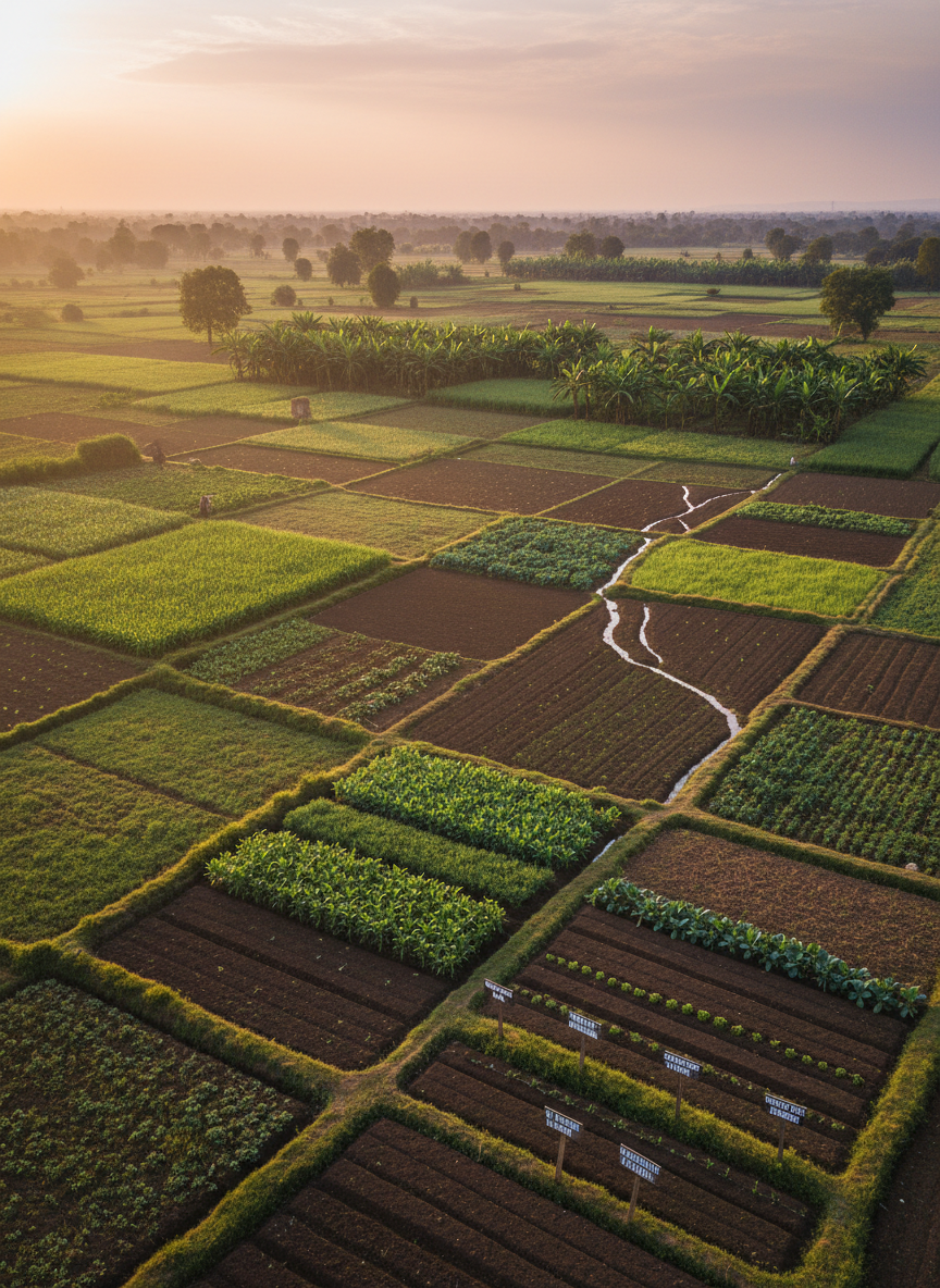 A rich, fertile patchwork of smallholder farm plots seen from a low aerial perspective, with neatly divided sections of green maize, leafy vegetables, and intercropped bananas bordered by hand-built soil ridges. Simple water harvesting trenches catch the golden hour sunlight, creating sparkling highlights between the fields. In one corner, an orderly row of labeled demonstration plots features wooden signs with clear, painted text about improved seeds and sustainable practices. Photographic realism with sharp focus across the entire landscape, the sky softly muted to keep attention on the land. The mood is hopeful and productive, evoking food security, resilience, and careful stewardship of the land in rural Uganda.
