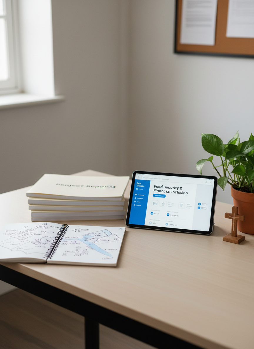 A carefully arranged tabletop display in a modest community office: a stack of neatly bound project reports, a spiral notebook open to a hand-drawn village map, and a simple tablet screen showing a clean dashboard labeled “Food Security & Financial Inclusion.” Nearby, a small wooden cross and a green-leafed potted plant add subtle faith-driven and organic touches. Diffused daylight from a nearby window illuminates the scene, creating soft reflections on the tablet glass and gentle shadows from the stationery. Shot from a slightly elevated angle in photographic realism, with a balanced, uncluttered composition that feels professional, trustworthy, and focused on structured community development planning.