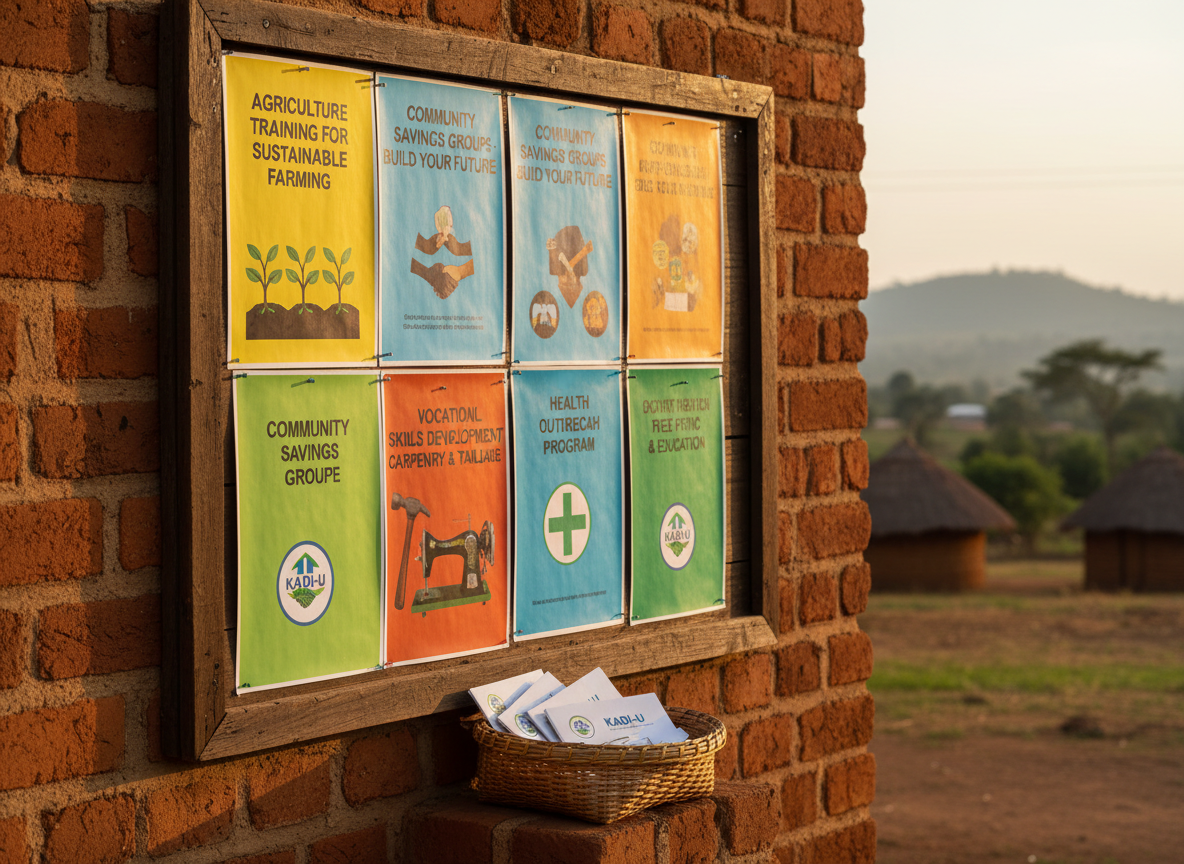 A sturdy, well-used wooden community notice board mounted on a sunlit brick wall, covered with colorful laminated posters about agriculture training, savings groups, vocational skills, and health outreach, each neatly pinned in rows. At the base of the board, a woven palm-leaf basket overflows with printed brochures stamped with a simple green and blue KADI-U logo. Soft late-afternoon natural light from the right creates warm highlights on the wood grain and gentle shadows behind each paper edge. Photographic realism at eye level, with a shallow depth of field that softly blurs a rural Ugandan landscape in the background, conveying an organized, hopeful, and professional atmosphere of grassroots development.