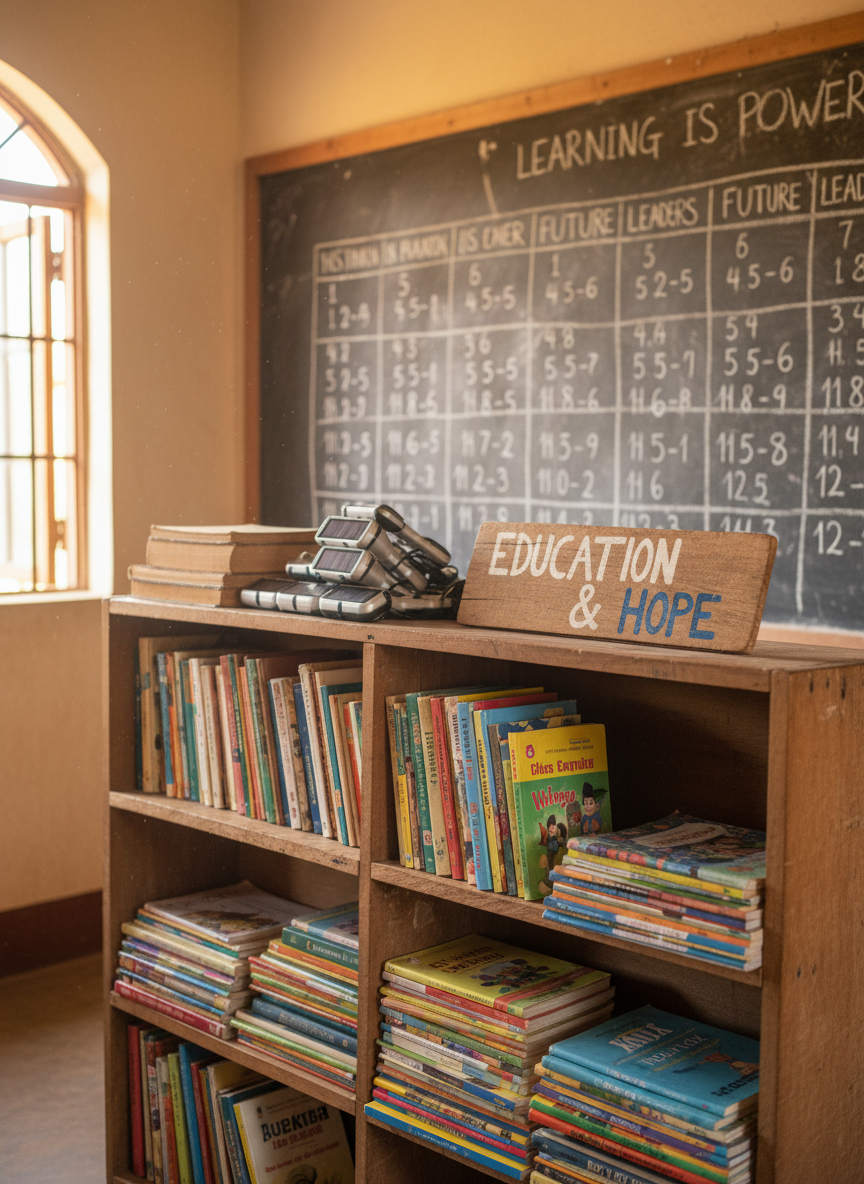 A quiet corner of a community learning space featuring a low wooden bookshelf filled with well-used textbooks, storybooks, and exercise books, their spines in varied colors and languages. On top of the shelf rests a neatly stacked pile of solar-powered study lamps and a hand-painted sign reading “Education & Hope.” Behind, a chalkboard wall is covered with carefully written multiplication tables and inspirational phrases about learning. Natural light enters through a high window, creating a calm, even illumination and faint chalk dust shimmering in the air. Photographic realism from a slightly low angle, with moderate depth of field, evokes a dignified, aspirational mood, highlighting access to education for children and youth in rural Uganda.