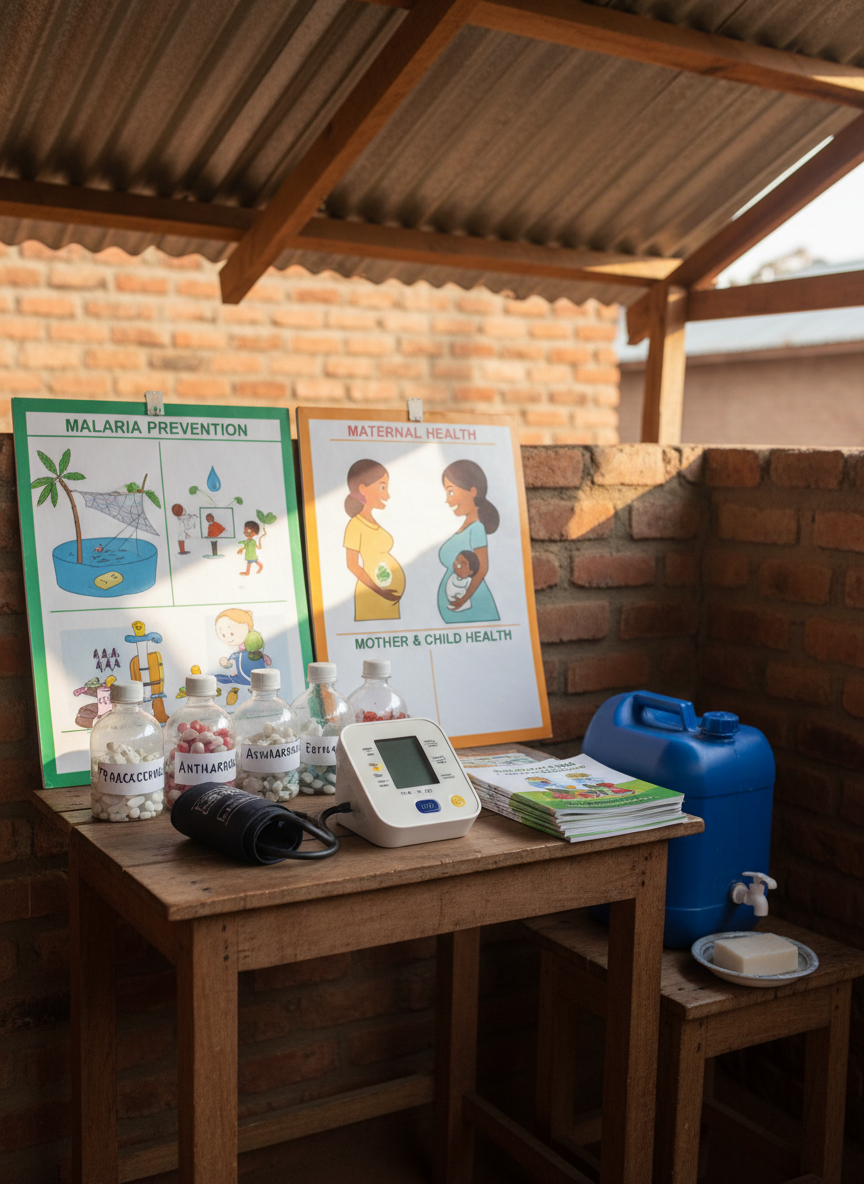 A small, well-organized rural health corner set up on a sturdy table: a digital blood pressure monitor, a row of clearly labeled medicine bottles, bright educational flip charts on malaria prevention and maternal health propped upright, and a stack of illustrated health booklets in Luganda and English. A simple handwashing station with a blue jerrycan and soap sits nearby on a wooden stool. Gentle morning light filters through a corrugated roof, creating dappled highlights on the plastic surfaces and laminated charts. Photographic realism at eye level, framed using the rule of thirds, with a soft background of a simple brick wall. The overall feeling is clean, caring, and practical, emphasizing grassroots health outreach in the community.
