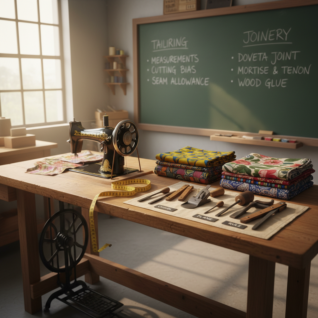 Inside a small vocational training workshop, a weathered wooden workbench is covered with neatly arranged tools: a hand-powered sewing machine, measuring tape draped in a gentle curve, stacks of vibrantly patterned fabric, and a set of labeled carpentry tools resting on a clean cloth. A chalkboard on the wall behind the bench displays carefully written lesson notes on tailoring and joinery. Bright, diffused daylight streams in from a side window, illuminating the textures of fabric, metal, and wood, and casting soft, elongated shadows. Photographic realism from a three-quarter angle, with a focused foreground and slightly blurred background, creating a purposeful, skill-building atmosphere that highlights practical vocational training without showing any people.