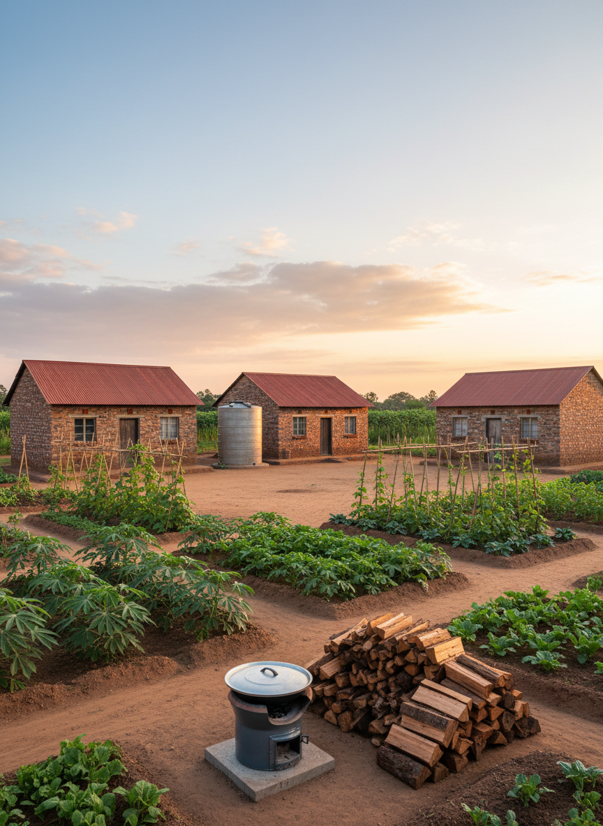 A serene rural homestead at sunrise, showing three simple brick houses with rust-red roofs arranged around a swept dirt courtyard, bordered by tidy kitchen gardens of cassava, beans, and leafy greens. A freshly built rainwater harvesting tank stands beside one house, its clean concrete surface catching the golden light. In the foreground, an orderly stack of firewood and a covered energy-efficient cookstove suggest improved household practices. Photographic realism from a wide-angle eye-level view, ensuring sharp detail across the scene. The soft, warm light and pale blue sky create a peaceful, hopeful atmosphere, symbolizing increased self-reliance and improved living conditions for vulnerable households supported by community development initiatives.